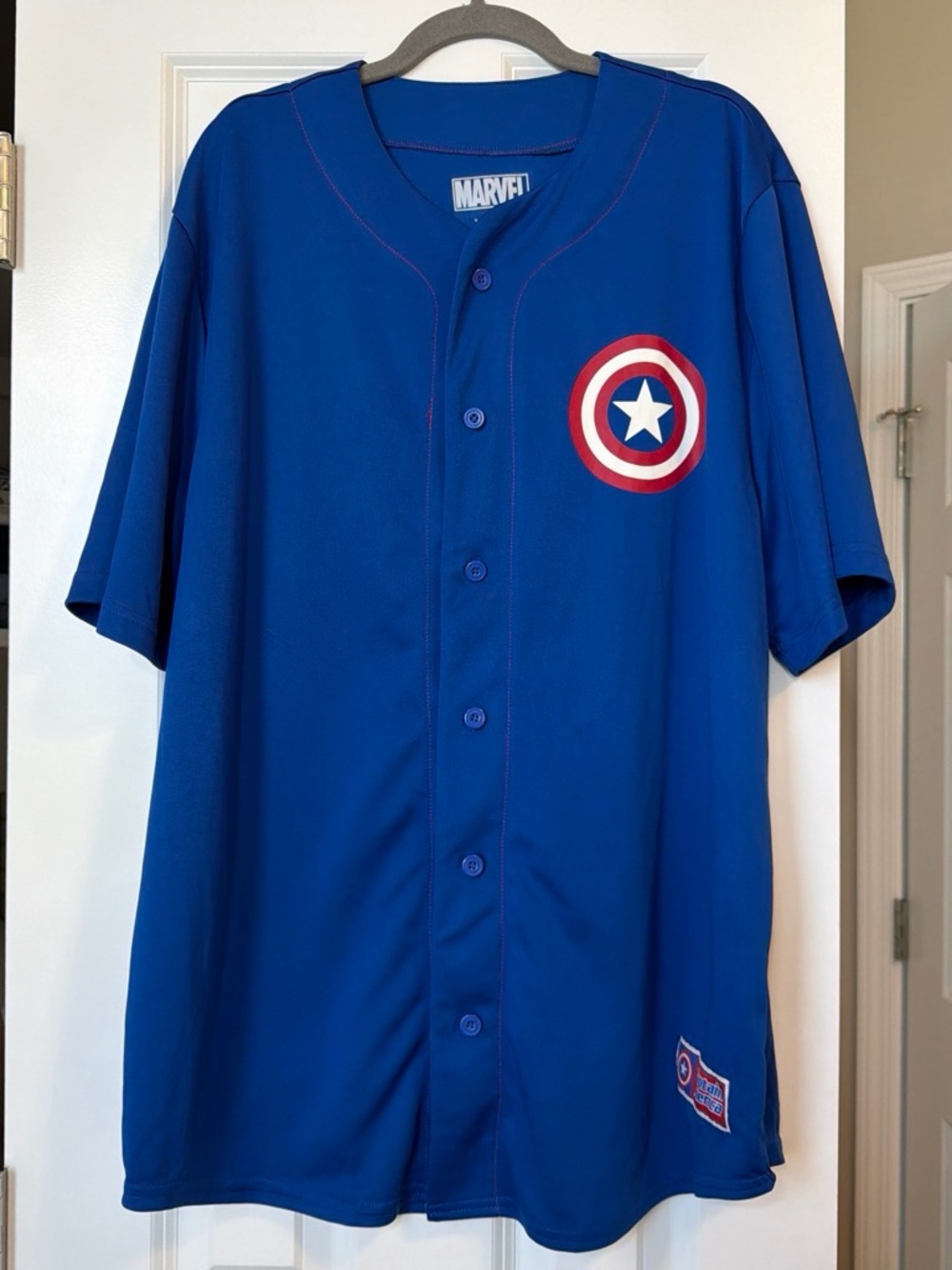 Marvel Blue Captain America Button-Up Jersey with Red & White Emblem